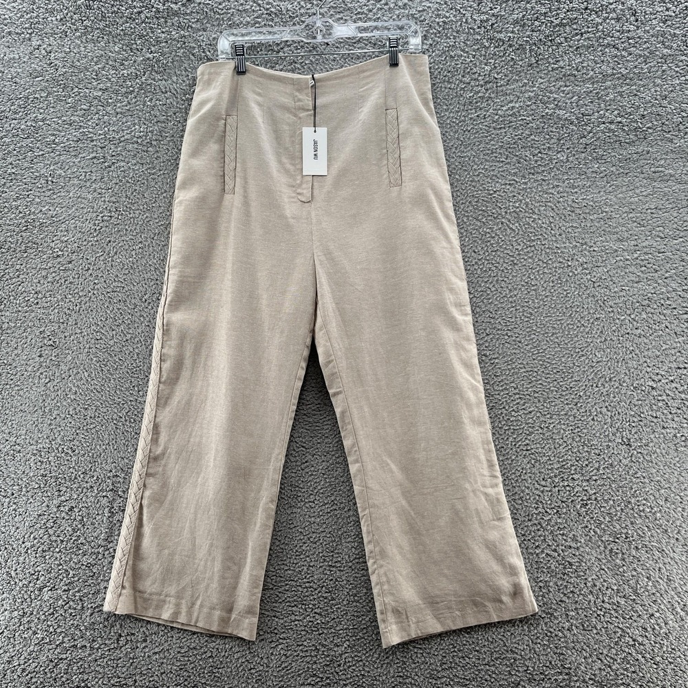 Jason Wu Pants Women 8 Tan Linen Blend High Rise Wide Leg Ankle Crop Braid Trim